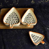 Leaf Shaped Hand Painted Ceramic Glossy Tray Set Of 3 - White, Black Rain Drops | For Serving Cookies, Dry Fruits, Sweets & Snacks, Length ā 16 Cm, 15 Cm & 12 Cm | Small Platter Set